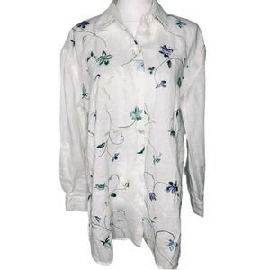 Allison Taylor Linen Embroidered Floral Button Down Shirt Women Large 100% Linen